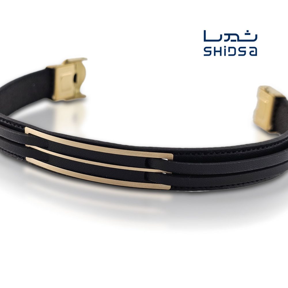 دستبند چرم و طلا مستطیل MD05