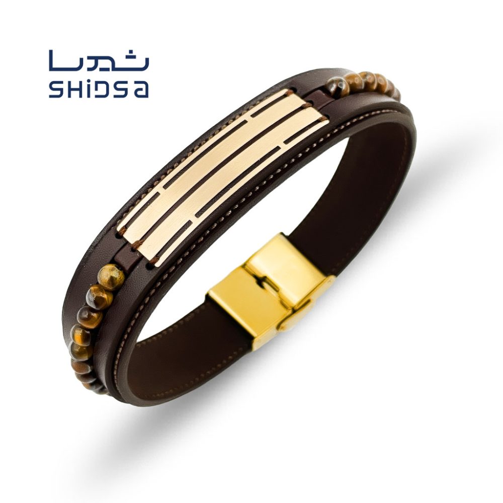 دستبند چرم و سنگ و طلا مردانه MS06-2