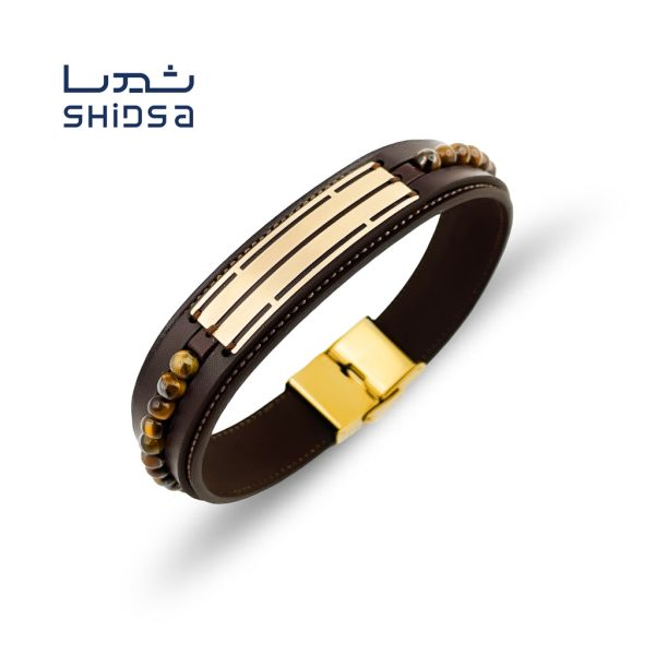 دستبند چرم و سنگ و طلا مردانه MS06