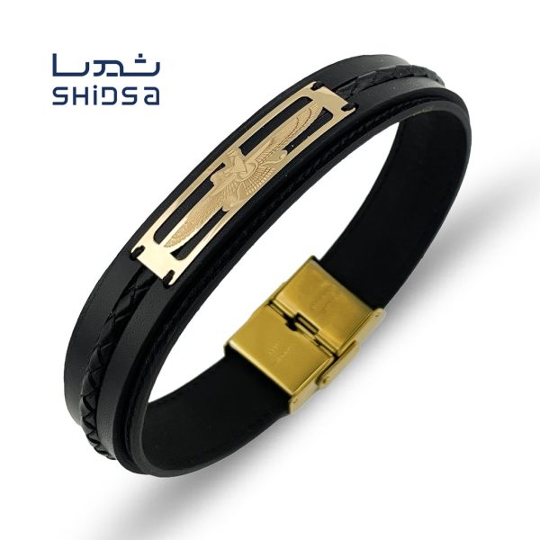 دستبند چرم و طلا مردانه فروهر mb04-2