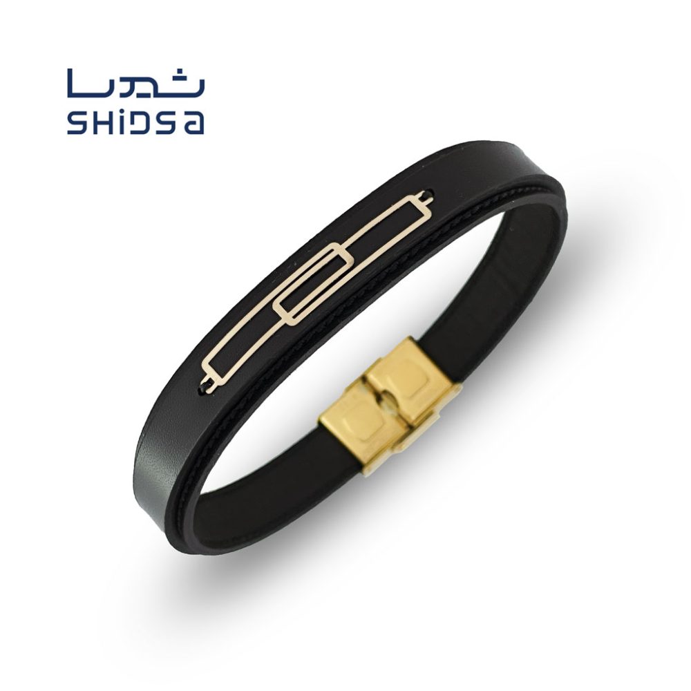 دستبند چرم و طلا مردانه دومستطیل md40
