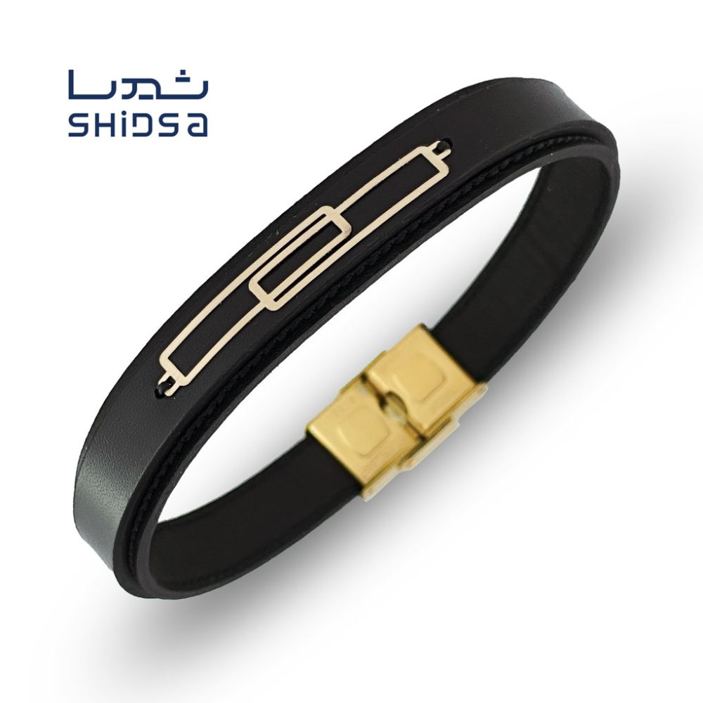 دستبند چرم و طلا مردانه دومستطیل md40-2