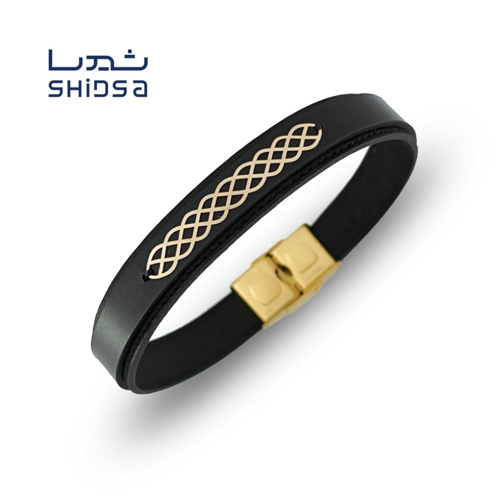 دستبند چرم و طلا طرح بافت md41