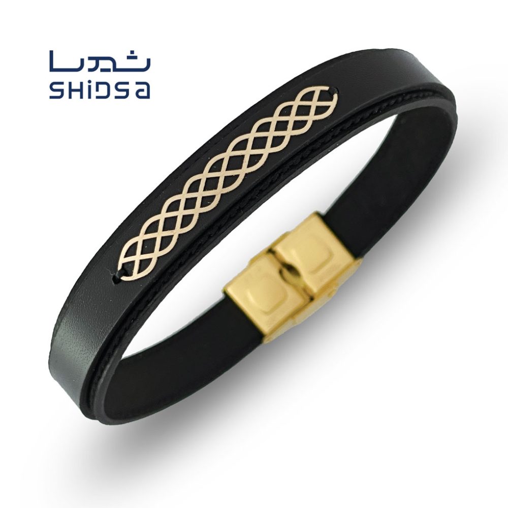 دستبند چرم و طلا طرح بافت md41-2